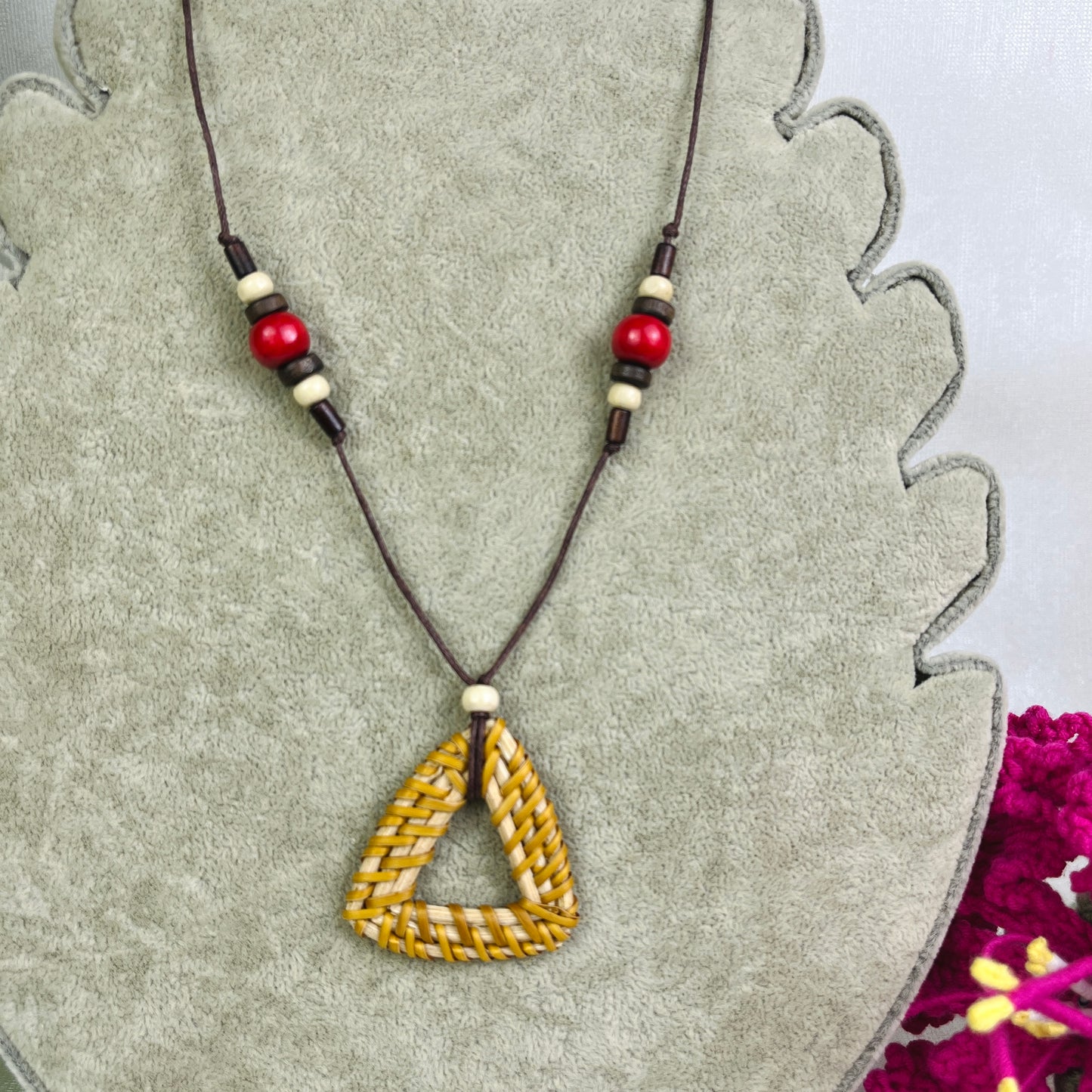 Necklace Combined With Handmade Triangular Rattan Pendant Studded With Wood Beads in Boho Style