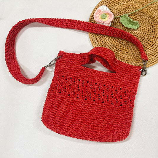 Red Hand-Crocheted Wool Bag With Strap in Boho Style