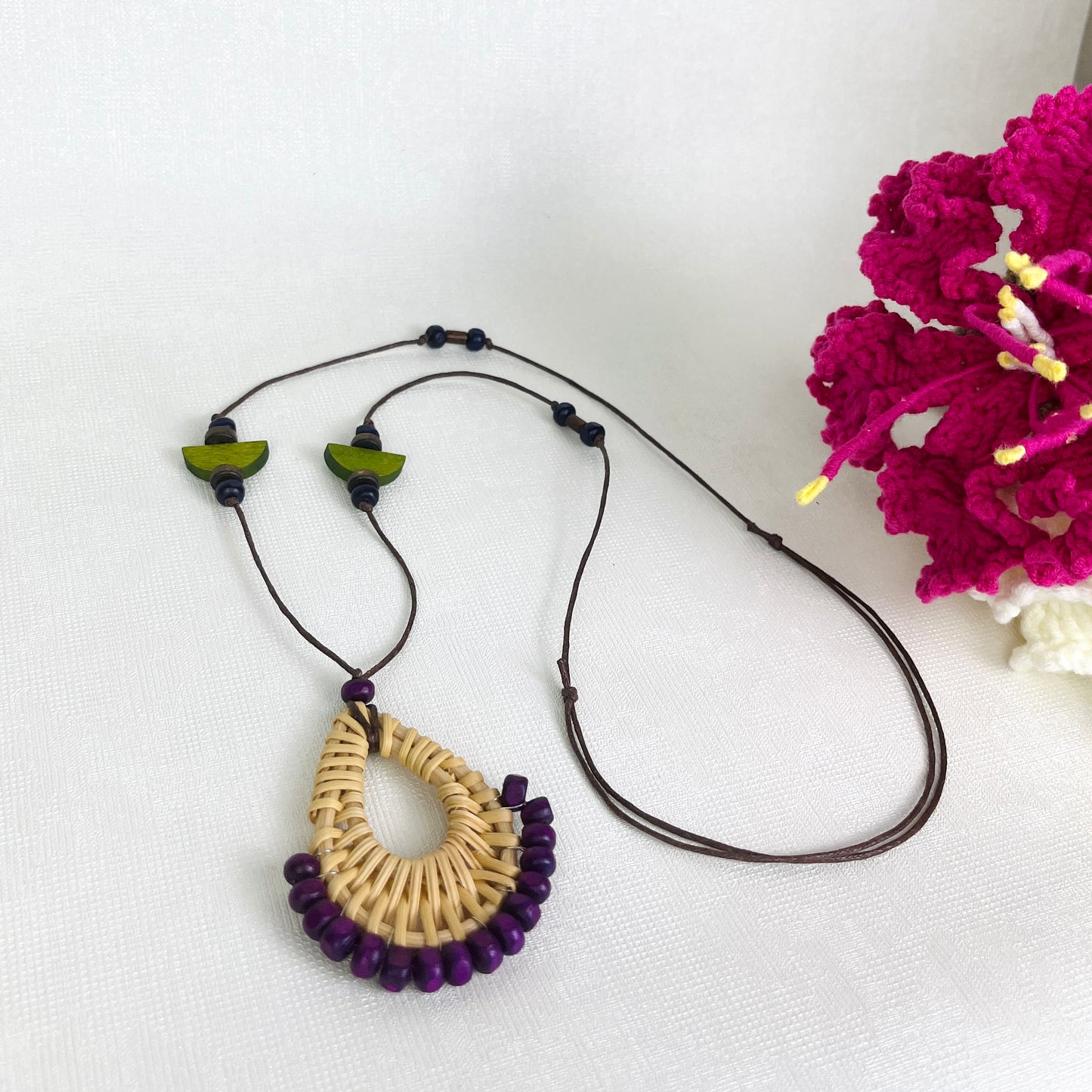 Handmade Rattan Necklace With Wooden Beads In Vintage Style