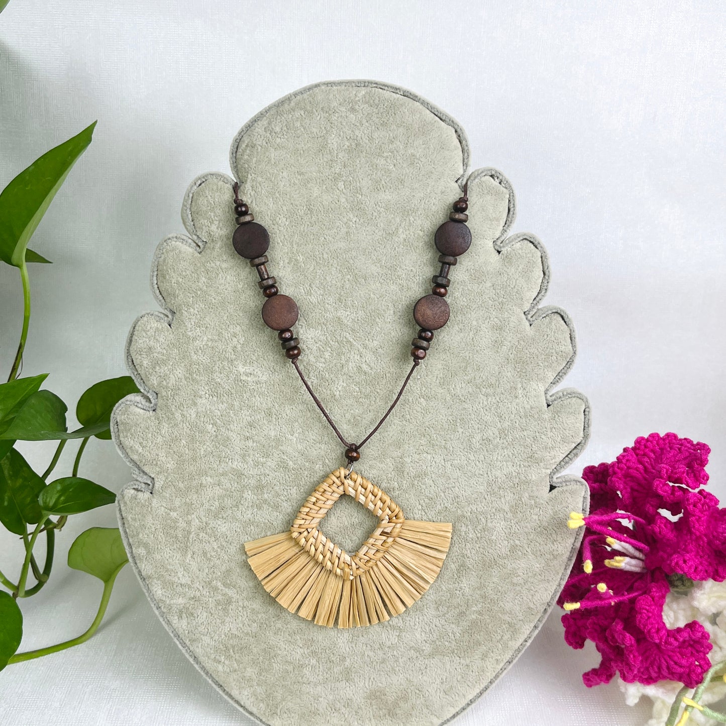 Necklace Combined With Handmade Rattan Pendant Studded With Boho Wood Beads