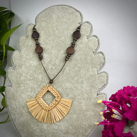 Necklace Combined With Handmade Rattan Pendant Studded With Boho Wood Beads