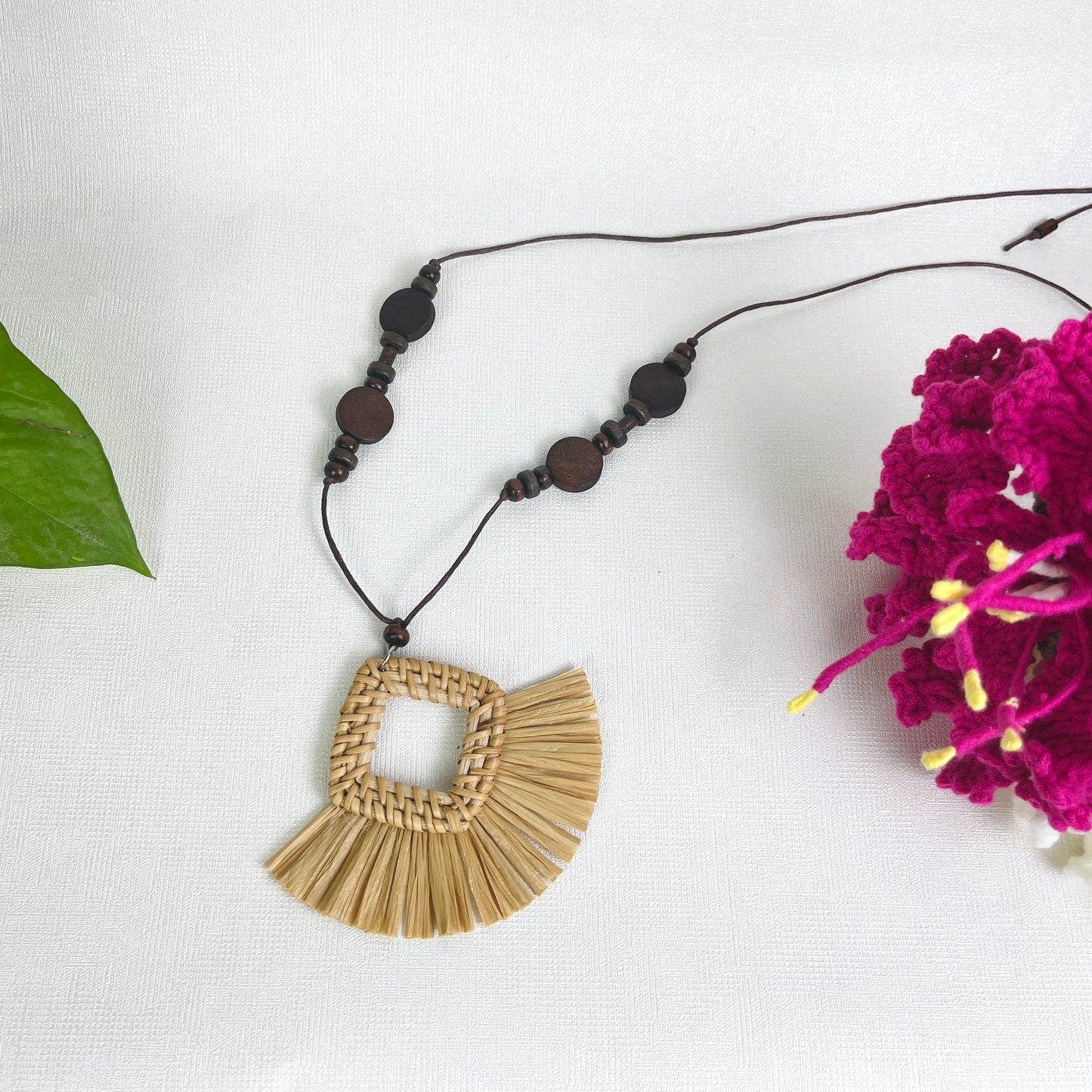 Necklace Combined With Handmade Rattan Pendant Studded With Boho Wood Beads