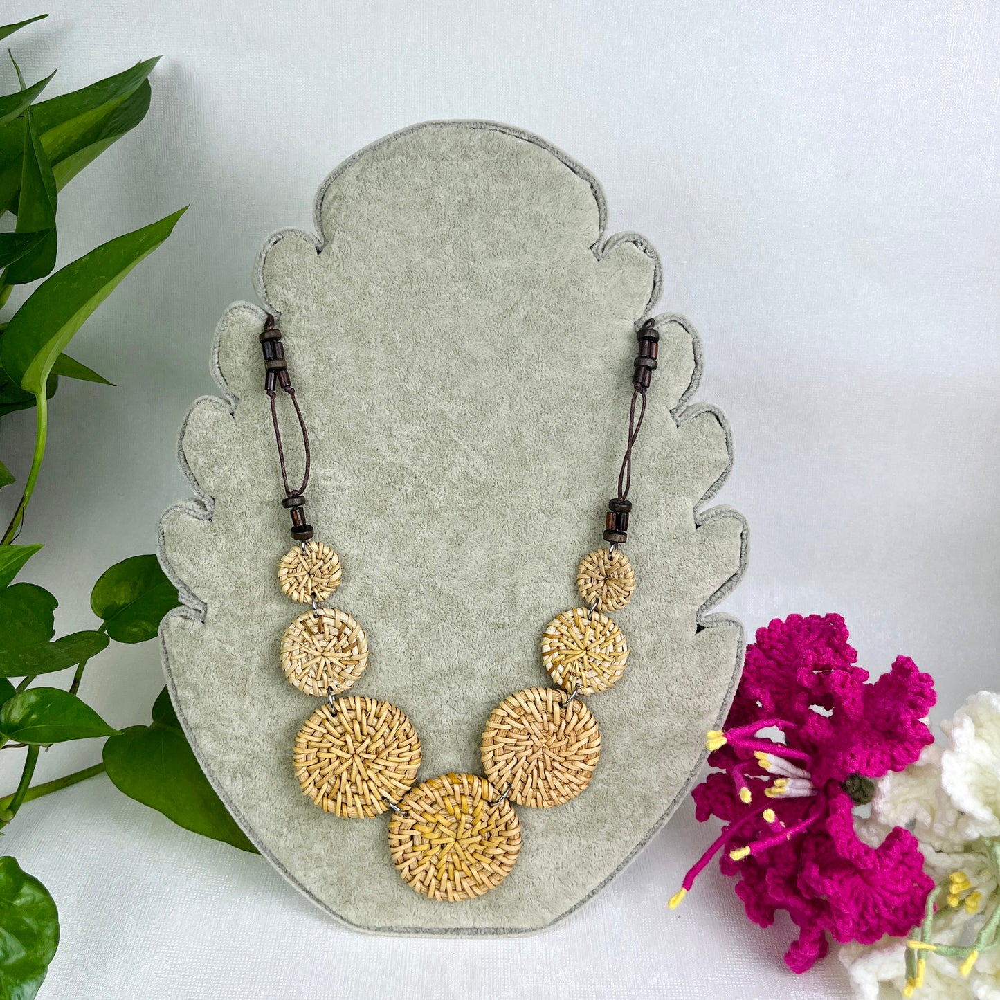 Circular Handmade Rattan Necklace Combined With Brown Wooden Buttons in Boho Style