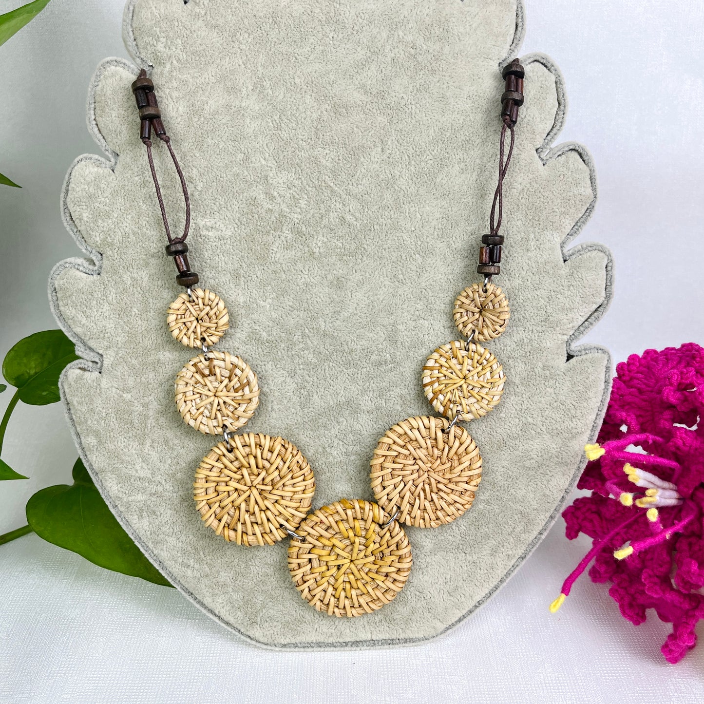 Circular Handmade Rattan Necklace Combined With Brown Wooden Buttons in Boho Style