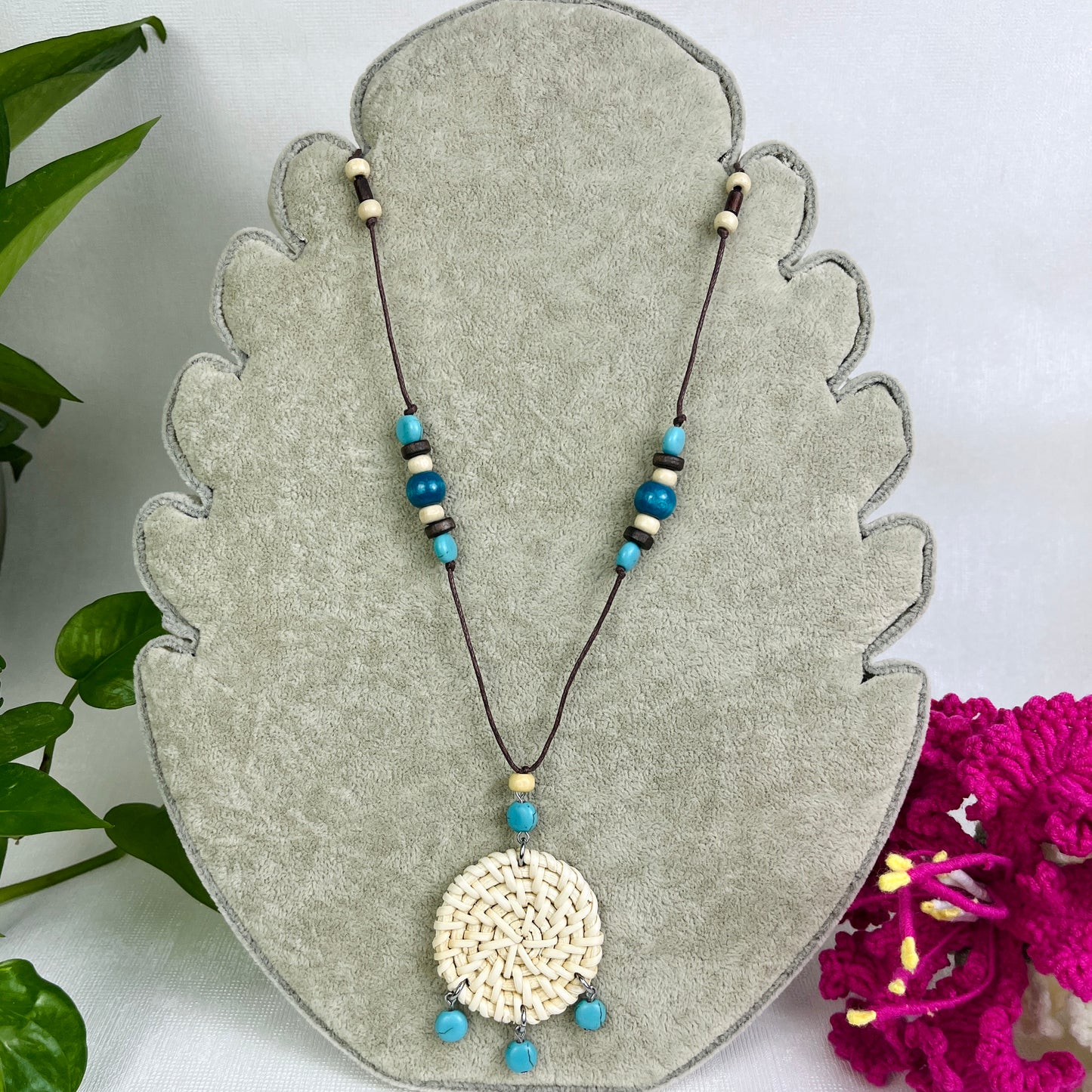 Handmade Rattan Necklace Circular Pendant Combined With Boho Style Wood Beads