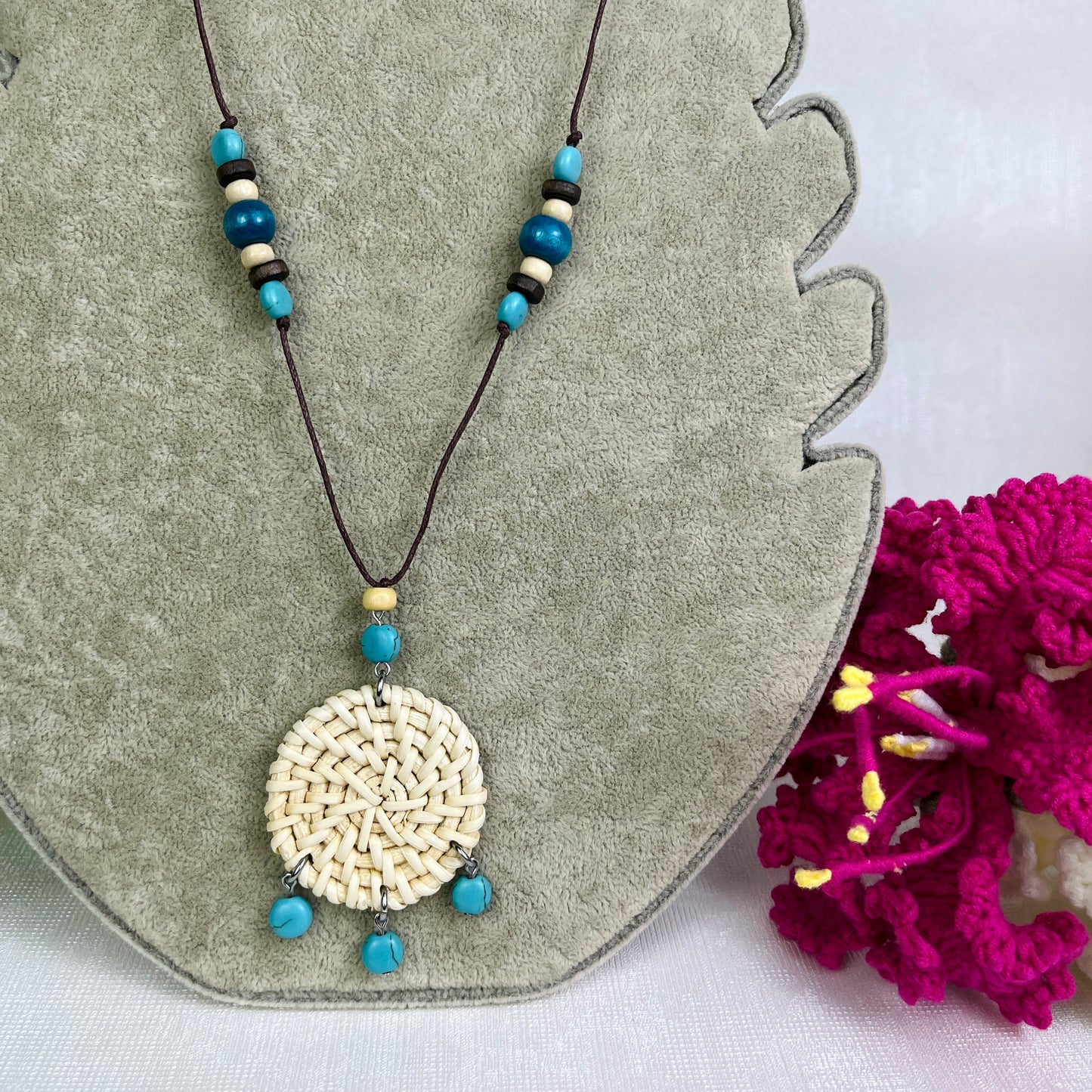 Handmade Rattan Necklace Circular Pendant Combined With Boho Style Wood Beads