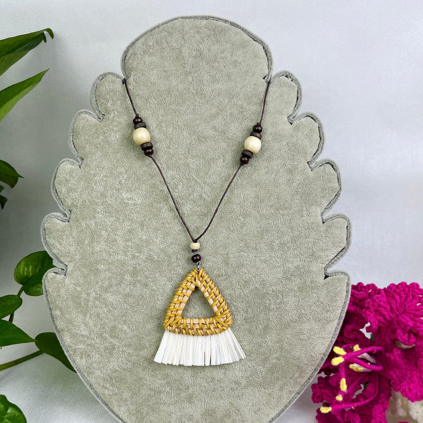 Necklace Combined With Handmade Triangular Rattan Pendant Studded With Wood Beads in Boho Style