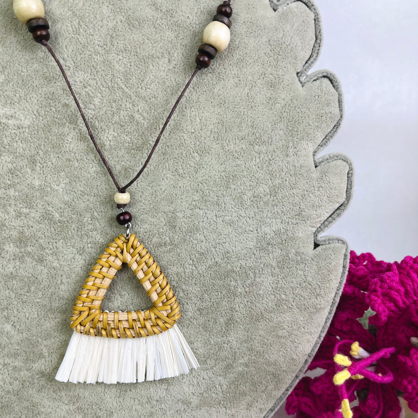 Necklace Combined With Handmade Triangular Rattan Pendant Studded With Wood Beads in Boho Style