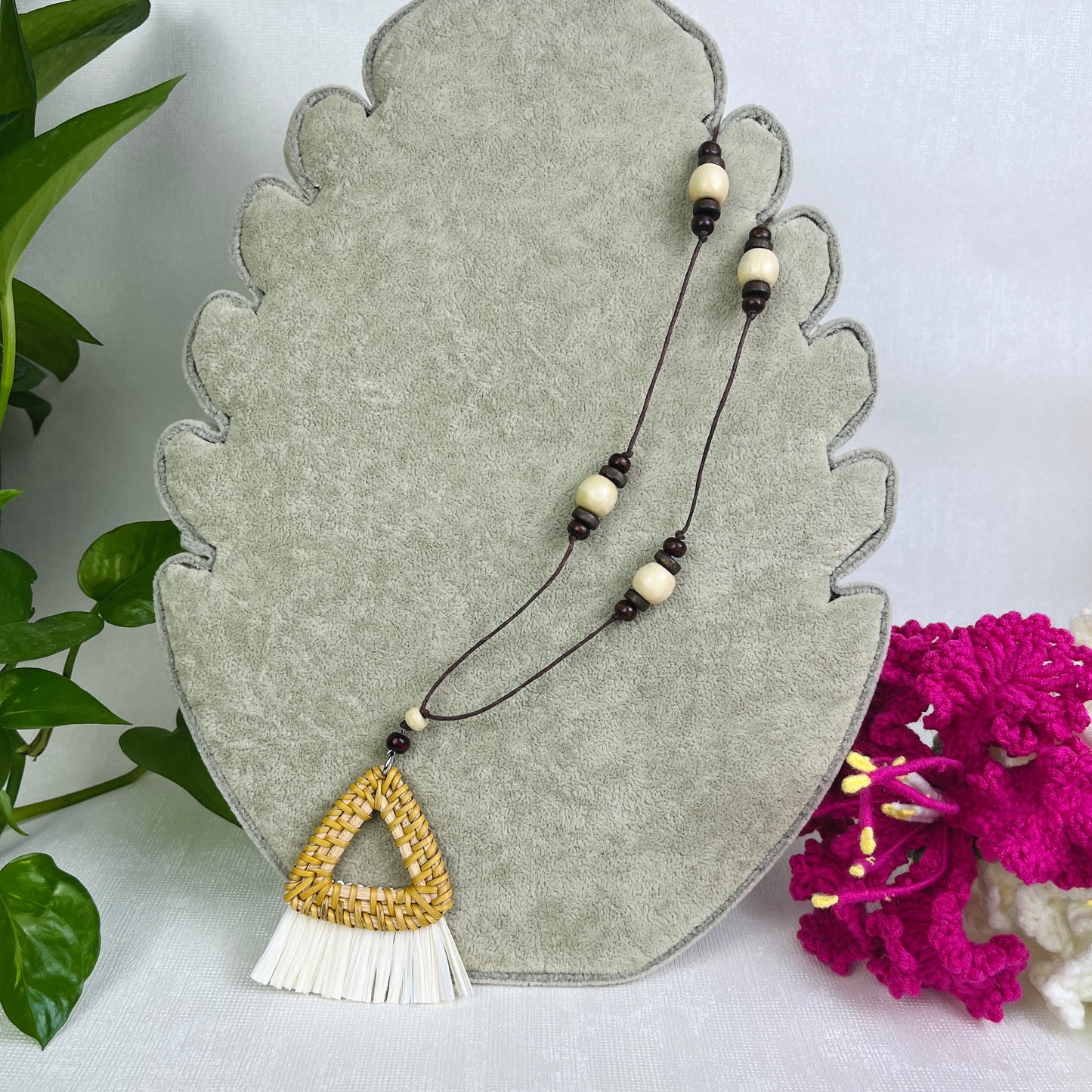 Necklace Combined With Handmade Triangular Rattan Pendant Studded With Wood Beads in Boho Style