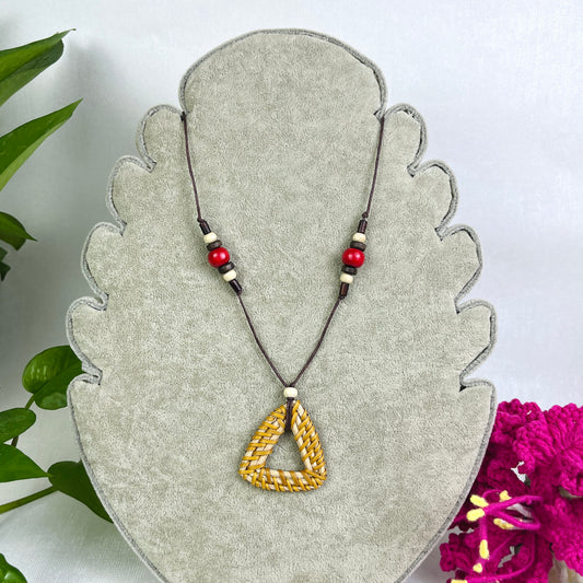 Necklace Combined With Handmade Triangular Rattan Pendant Studded With Wood Beads in Boho Style