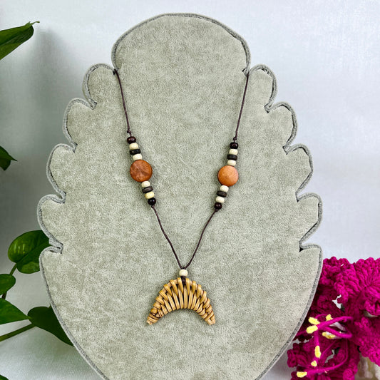 Necklace Combined With Handmade Moon-Shaped Rattan Pendant Studded With Boho Wood Beads