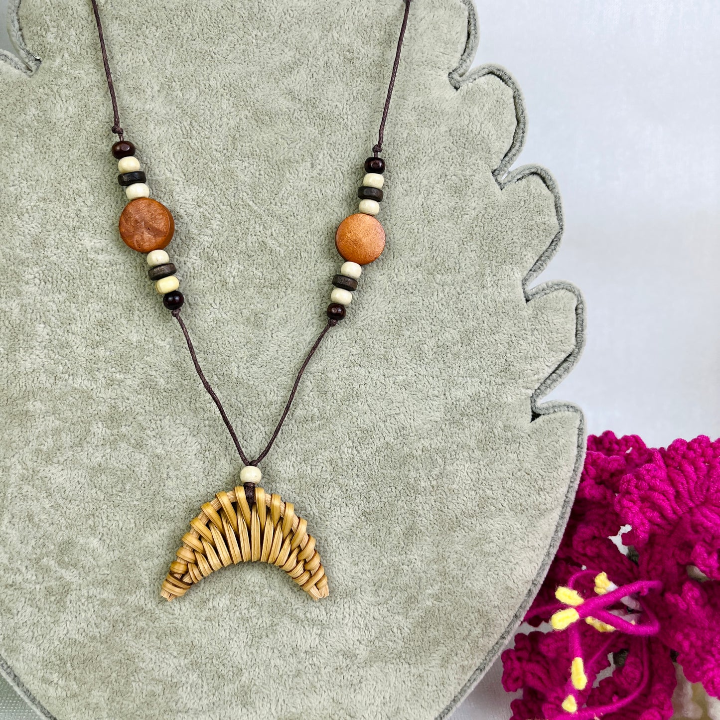 Necklace Combined With Handmade Moon-Shaped Rattan Pendant Studded With Boho Wood Beads