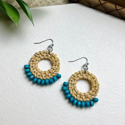 Stylish Rattan Round Earrings With Wooden Beads