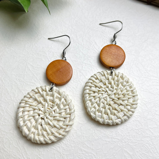 Round Rattan Earrings Combined With Brown Wooden Vintage Style