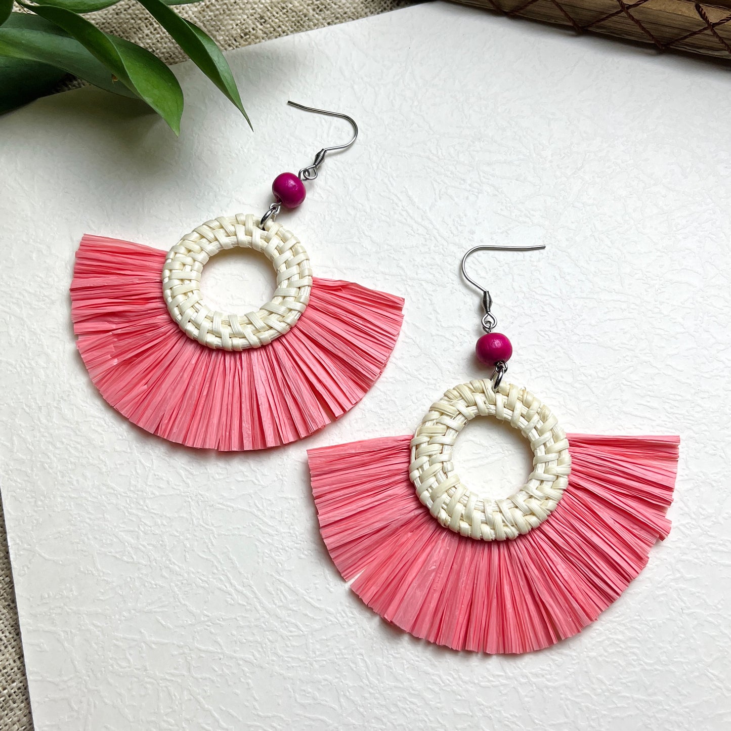 Round Earrings Made Of Natural Rattan In Boho & Hippie Style