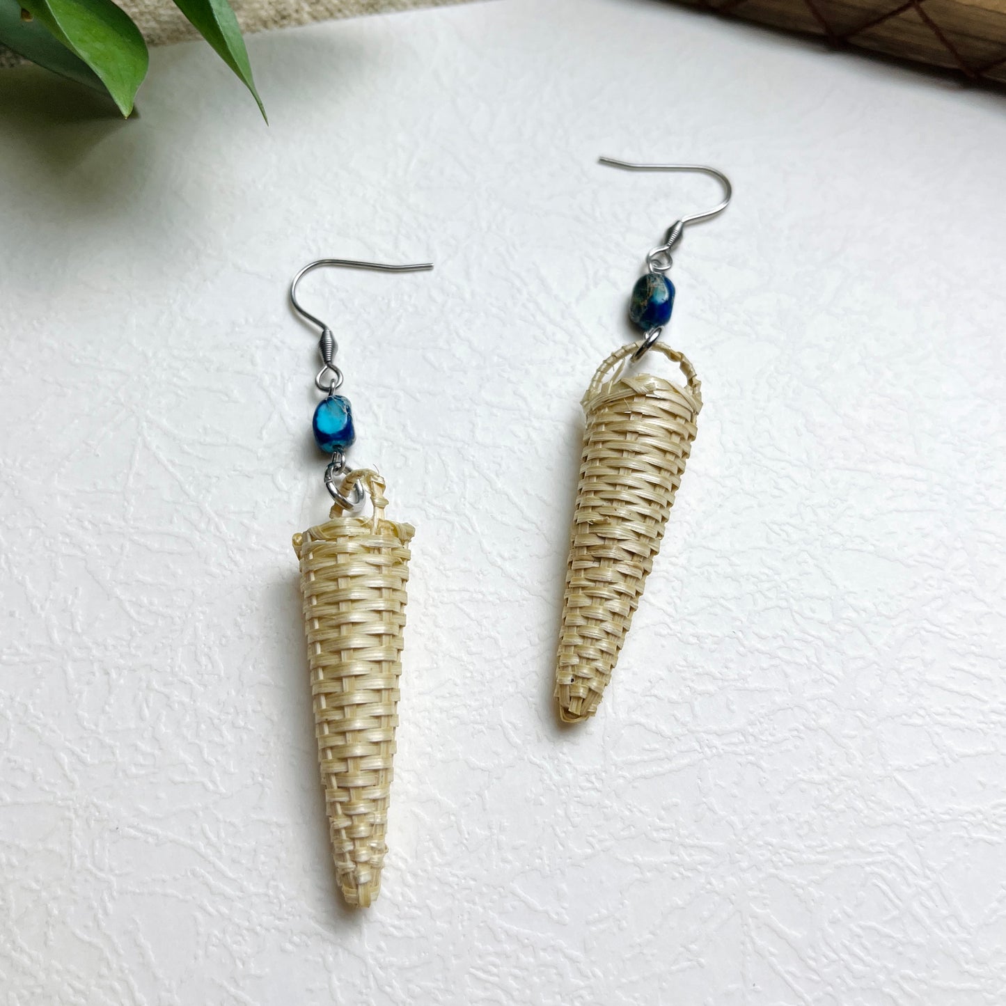 Earrings Woven From Natural Rattan With Long Hooks In A Unique Cinnamon Cone Shape