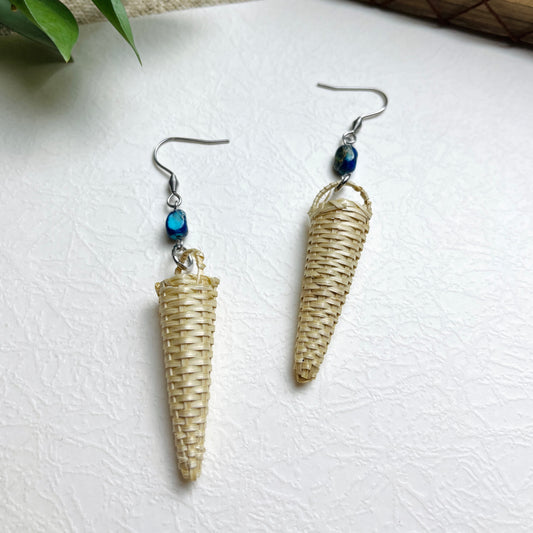 Earrings Woven From Natural Rattan With Long Hooks In A Unique Cinnamon Cone Shape