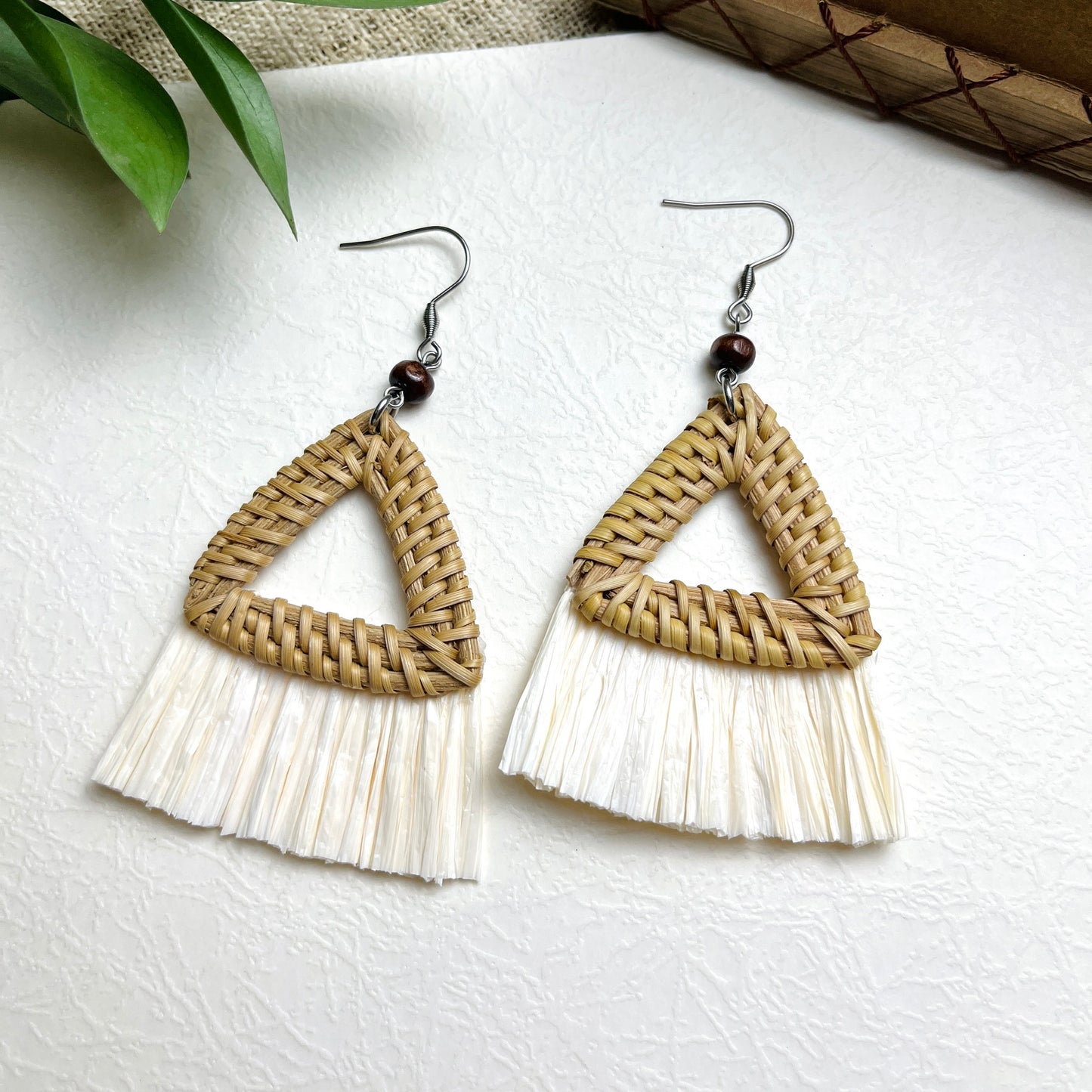 Triangular Earrings Woven With Natural Rattan And Raffia Paper