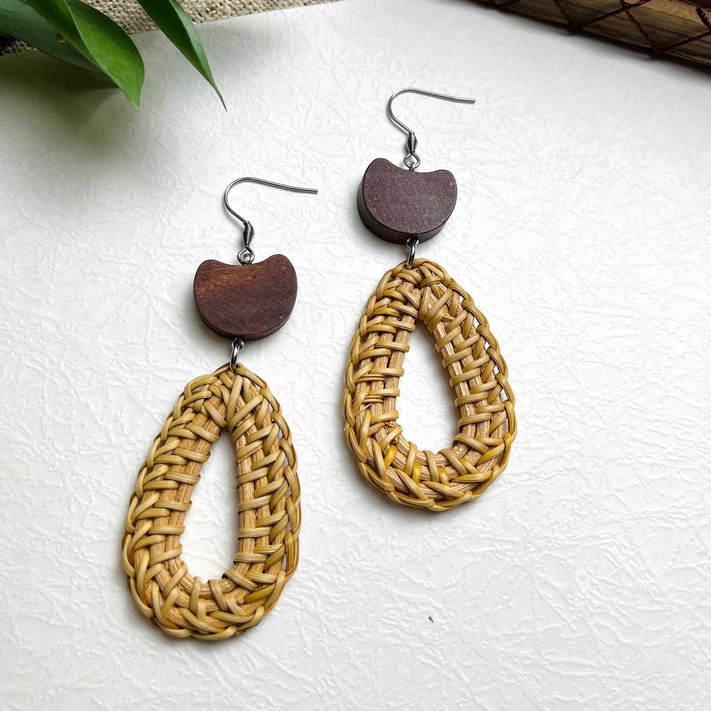 Oval Earrings Woven With Natural Ratten And Wood Beads