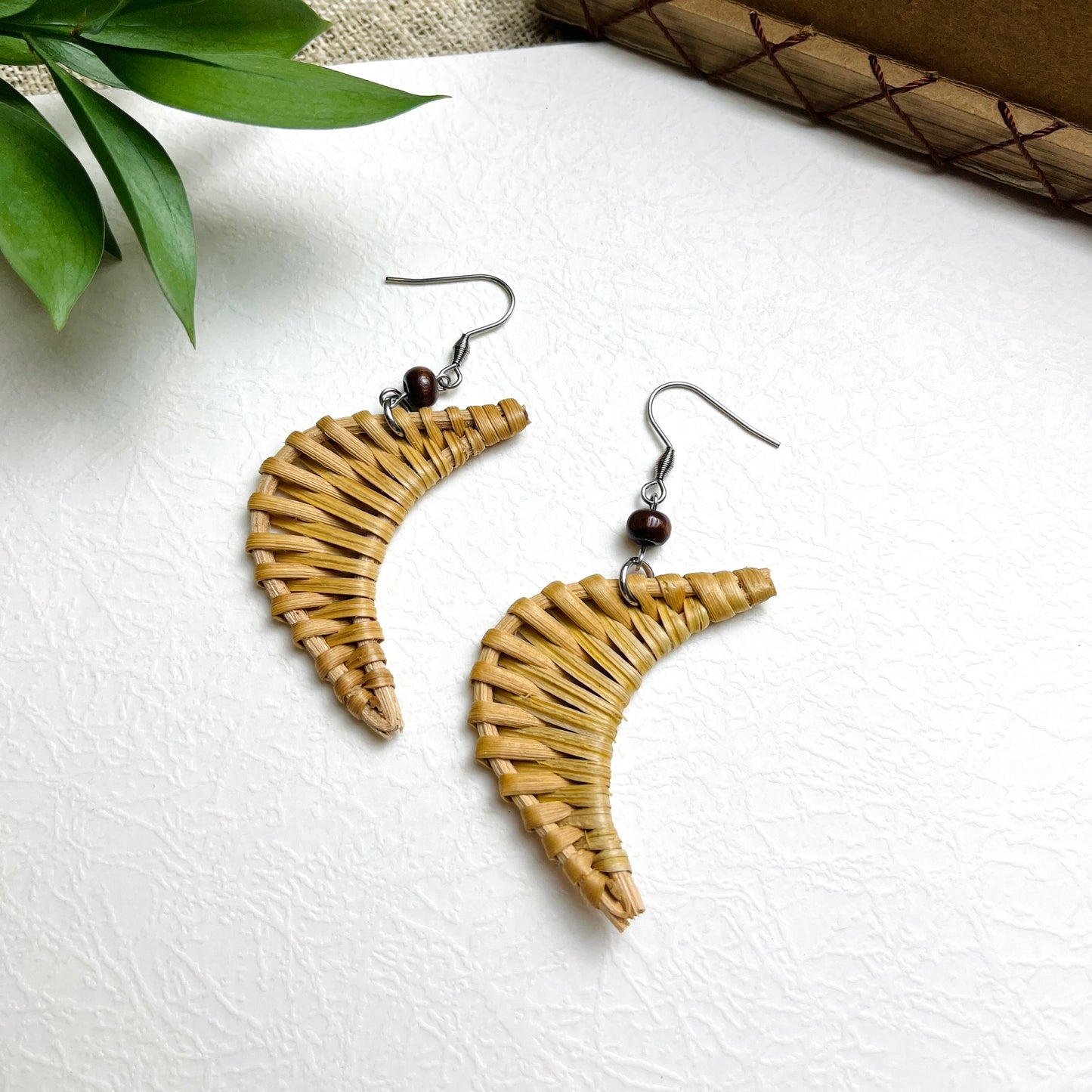 Moon-Shaped Earrings Made Of Natural Bamboo And Rattan Combined With Wooden Beads