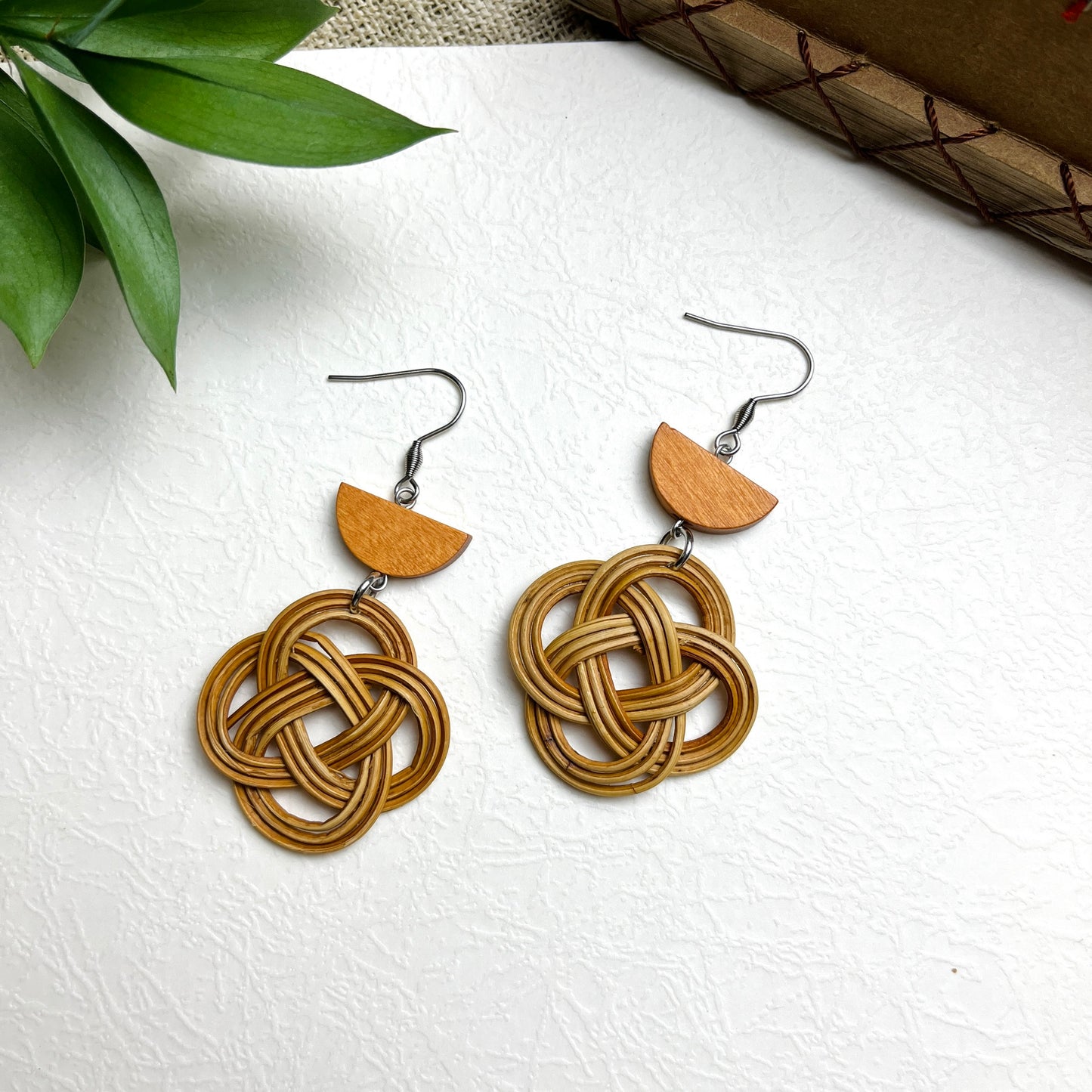 Handmade Rattan Earrings Combined With Retro Style Wooden Beads