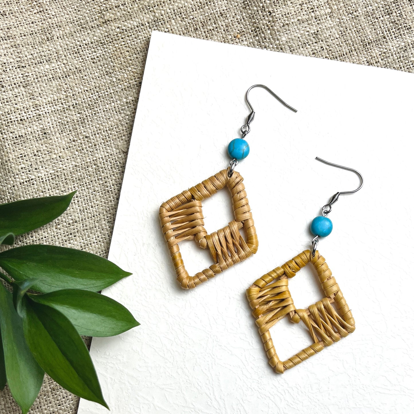 Diamond-Shaped Earrings Woven With Natural Rattan And Wood Beads In Boho & Hippie Style