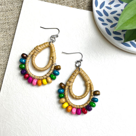 Handmade Rattan Earrings Mixed With Wooden Beads In Retro Style