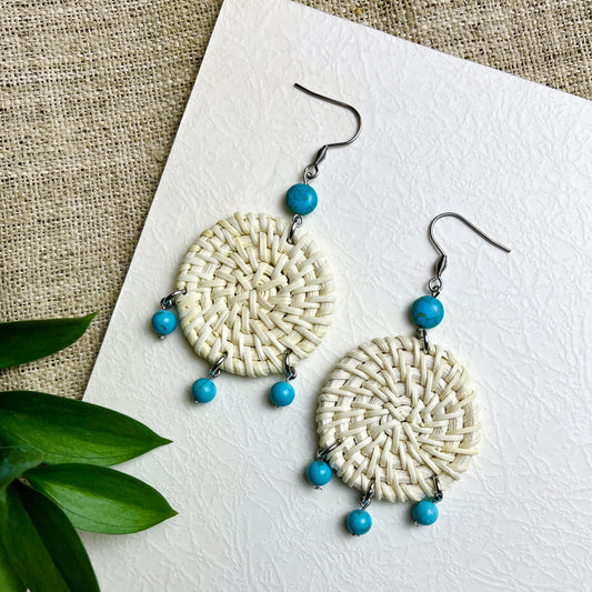 Natural Rattan Hook Earrings Combined With Retro Style Stones