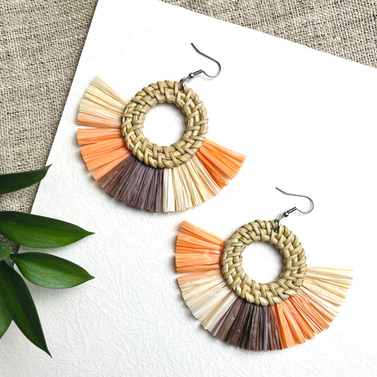 Round Rattan Earrings Combined With Multi-Colored Raffia Paper In Retro Style