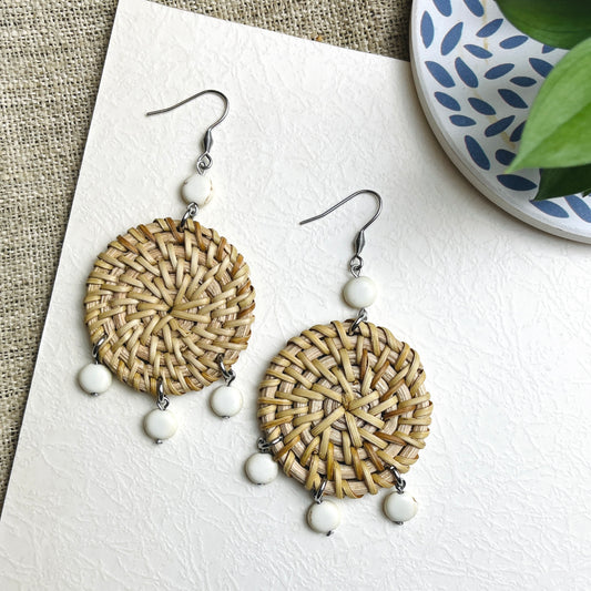 Natural Rattan Hook Earrings Combined With Retro Style Stones