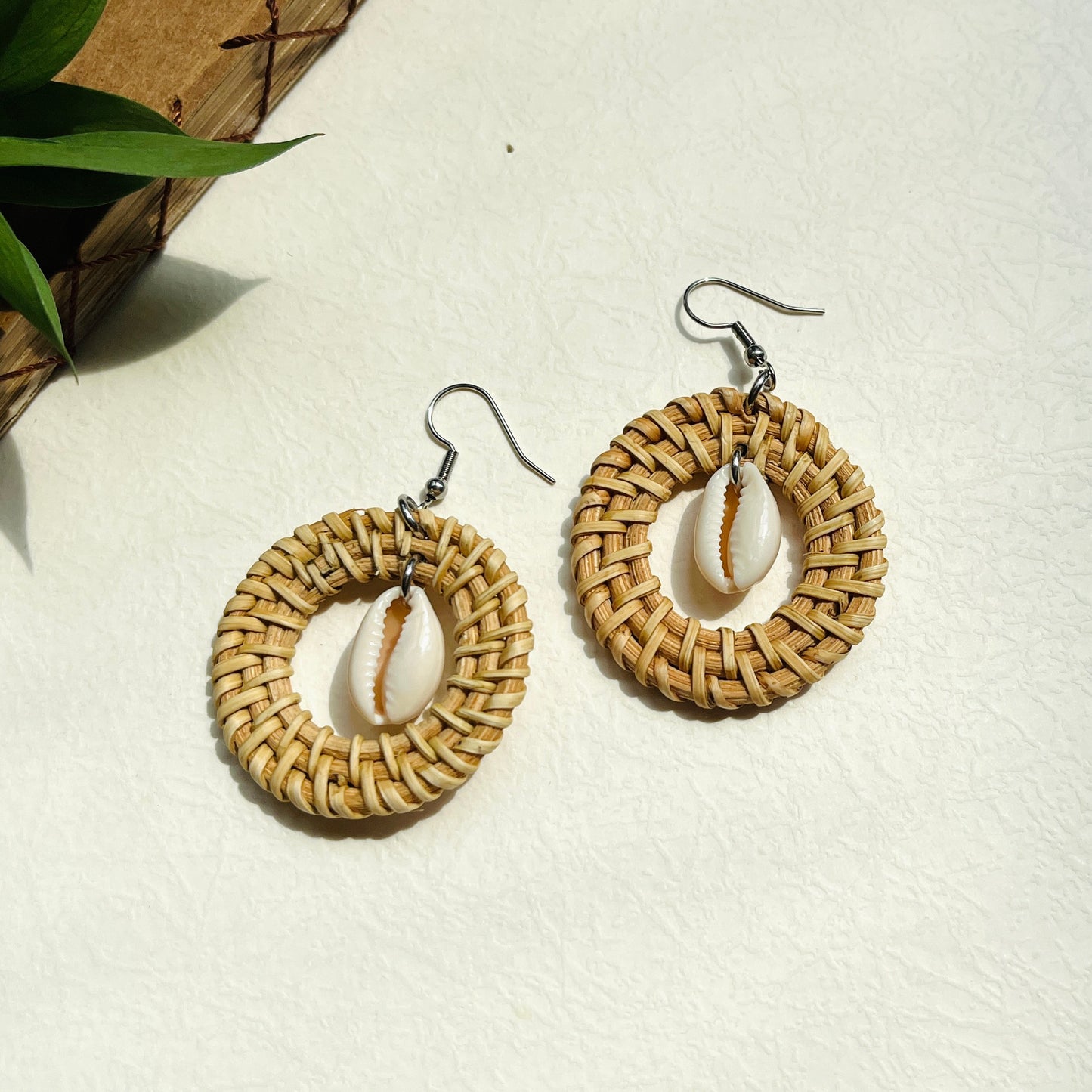 Round Rattan Earrings Combined With Crocheted Shell Beads In Vintage Style