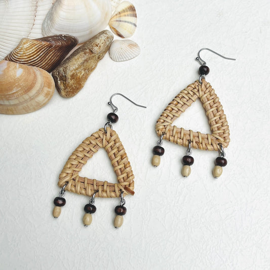 Triangular Rattan Earrings Combined With Boho Style Wooden Beads