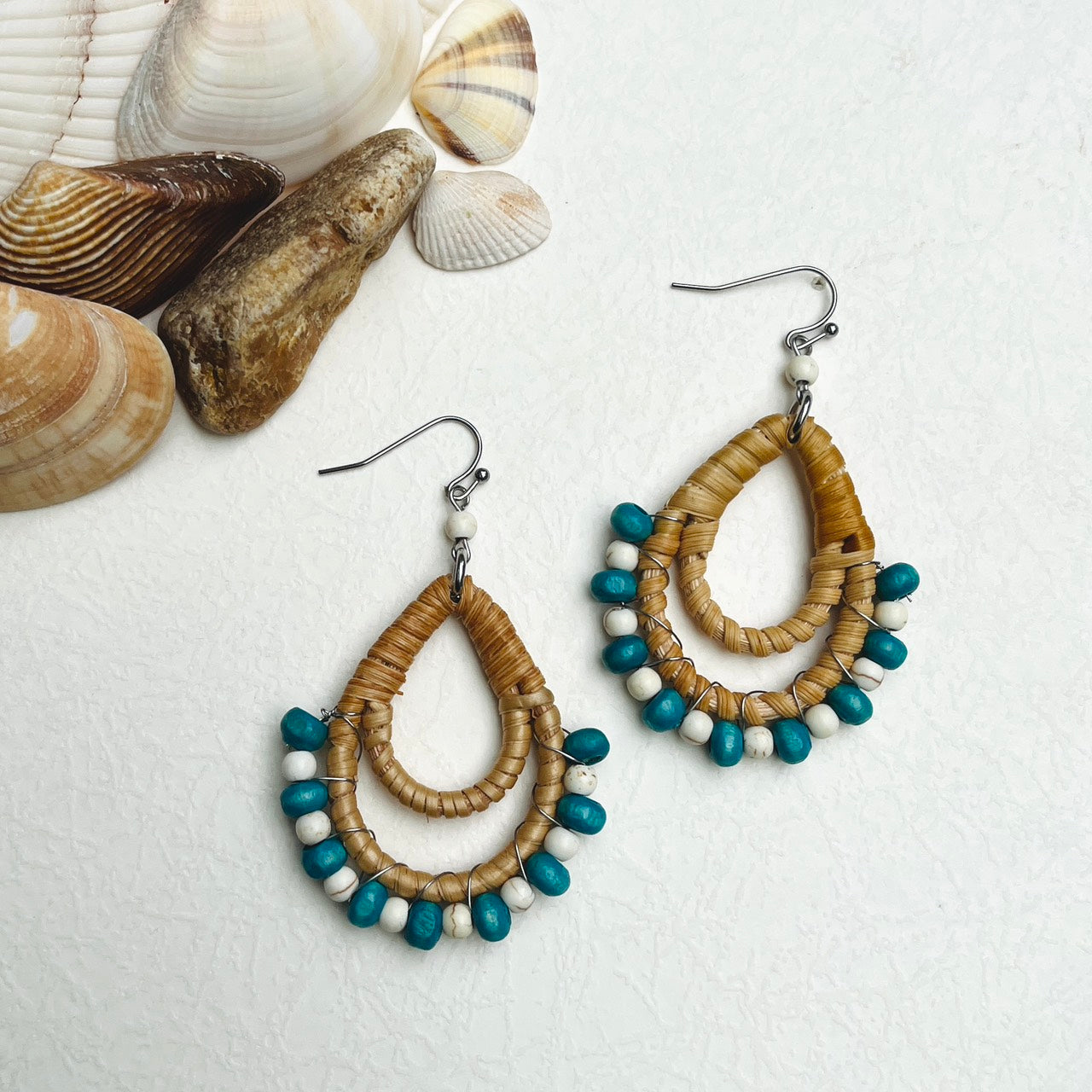 Handmade Rattan Earrings Mixed With Wooden Beads In Retro Style