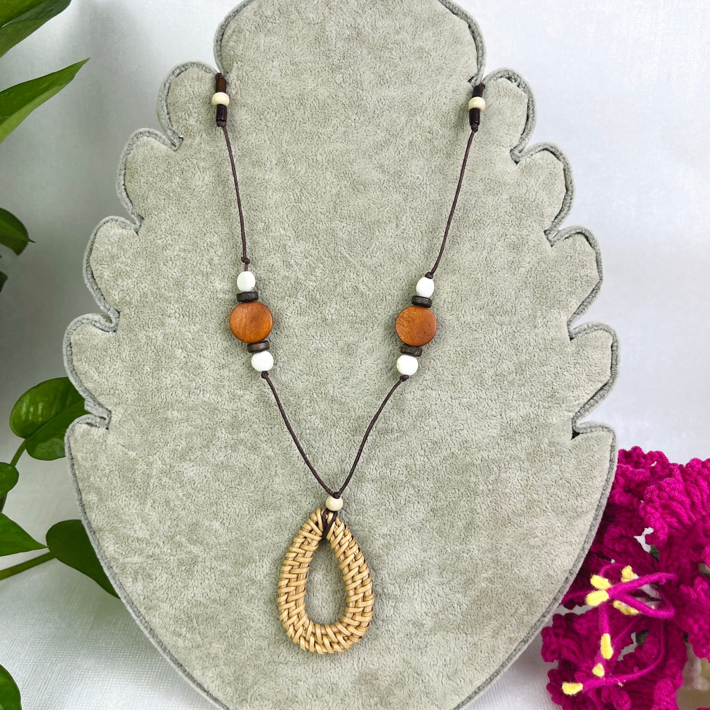 Simple teardrop shaped bamboo and rattan necklace