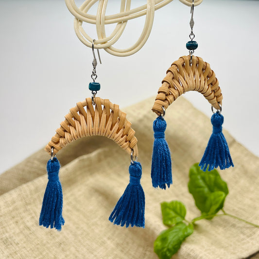 Moon-shaped bamboo and rattan earrings with tassels