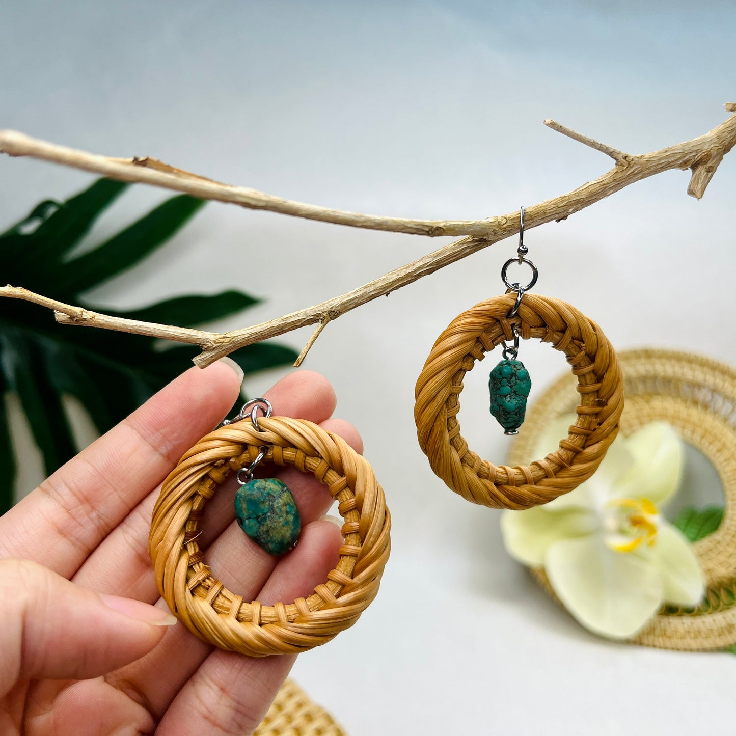 Hollow circular bamboo and rattan earrings with stones added