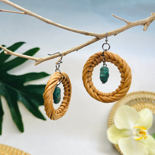 Hollow circular bamboo and rattan earrings with stones added