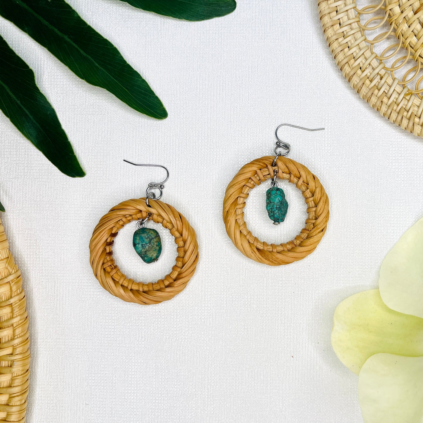 Hollow circular bamboo and rattan earrings with stones added