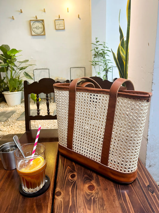 Straw Bag, Handwoven Top Handle Bag, Boho Summer Purse, Leather Handbag